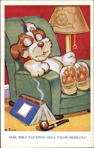 Künstler Ak Schlafender vermenschlichter Hund, Pfeife und Buch am Boden