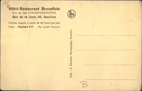 Ak Hastière Wallonien Namur, Hotel Restaurant Bruxellois, Rue de la Gare 94, Autobus