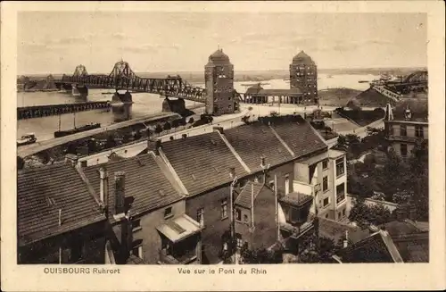 Ak Ruhrort Duisburg im Ruhrgebiet, Blick über die Dächer der Stadt zur Rheinbrücke