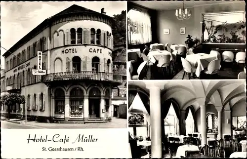 Ak Sankt Goarshausen am Rhein, Hotel-Cafe Müller, Außenansicht, Innenansichten Speisesaal