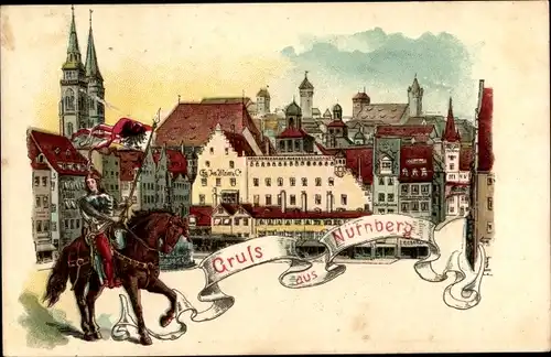 Litho Nürnberg in Mittelfranken Bayern, Stadtansicht, Kirche, Ritter zu Pferd mit Wappen u. Lanze