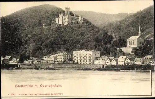 Ak Stolzenfels Koblenz am Rhein, mit Oberlahnstein, Ansicht über Fluss, Kirche, Schloss
