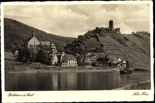 Ak Beilstein an der Mosel, Blick über den Fluss zum Ort mit Ruine, Kirche