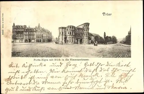 Ak Trier an der Mosel, Porta-Nigra mit Blick auf die Simeonsstrasse