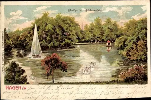 Litho Hagen Westfalen, Stadtgarten, Schwanenteich