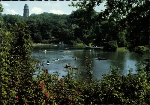 Ak Bochum im Ruhrgebiet, Stadtpark und Bismarckturm, Boote