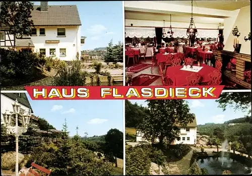 Ak Velbert im Rheinland, Haus Flasdieck, Außenansicht, Speisesaal, Teich mit Fontäne