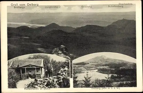 Ak Königswinter am Rhein, Blick vom Ölberg, Restauration W. Dahm, Drachenfels, Breiberge