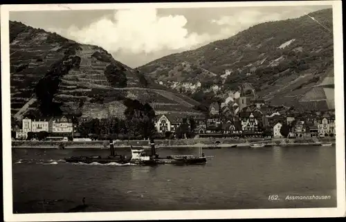 Ak Assmannshausen Rüdesheim am Rhein, Panorama, Jagdschloss, Nationaldenkmal, Schiff