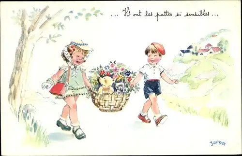Künstler Ak Janser, Junge und Mädchen tragen Korb mit Blumen