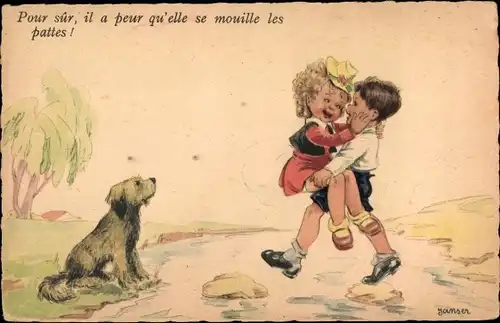 Künstler Ak Janser, Pour sur, il a peur qu'elle se mouille les pattes, Kinder, Hund