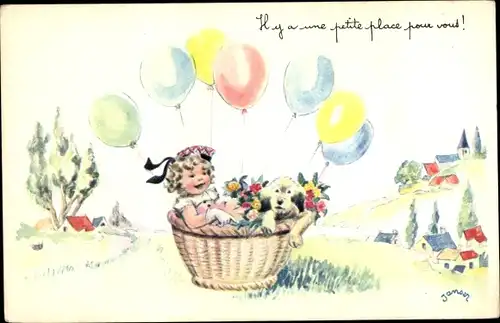 Künstler Ak Janser, Mädchen und Hund in einem Korb, Luftballons