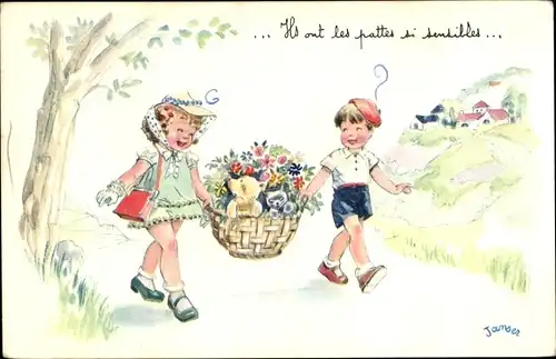 Künstler Ak Janser, Junge und Mädchen tragen einen Korb mit Blumen