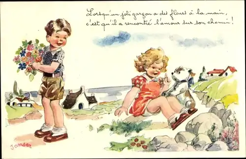 Künstler Ak Janser, Junge mit Blumenstrauß, Mädchen mit Hund