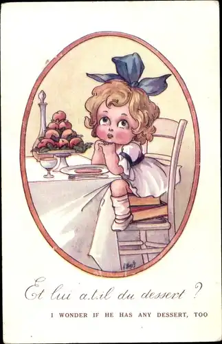 Künstler Ak I wonder if he has any dessert too, Mädchen, Essen