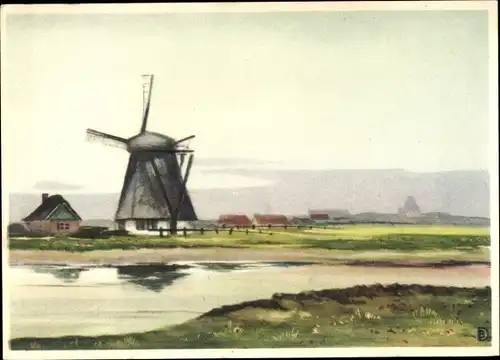Ak Niederlande, Landschaft mit Windmühle