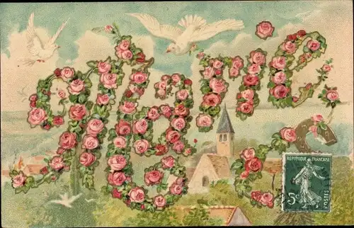 Buchstaben Präge Litho Weiblicher Vorname Marie, Rosenblüten