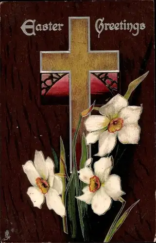 Ak Glückwunsch Ostern, Narzissen, Kreuz
