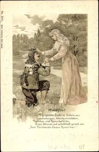Präge Litho Waldfest, Frau, Trompeter von Säckingen, Liebespaar