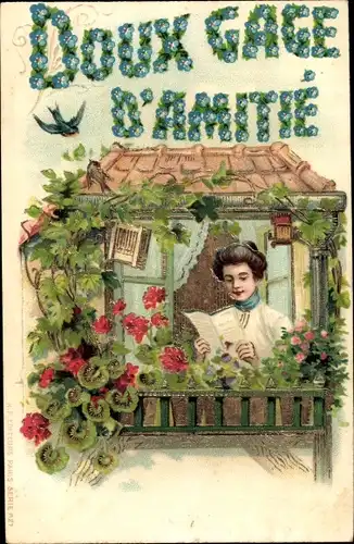 Litho Doux Gage d''Amitie, Frau liest einen Brief, Blumen, Schwalben