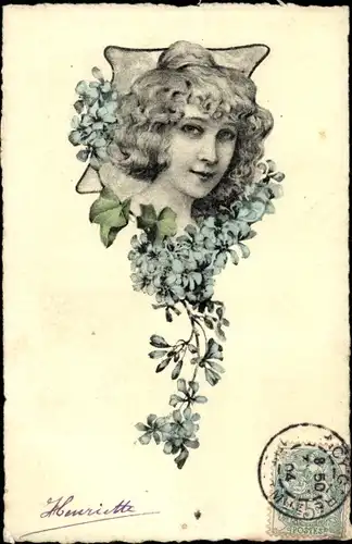 Jugendstil Ak Portrait einer Frau, Efeu, Blüten