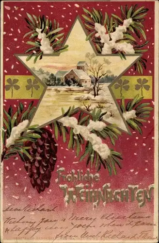 Präge Litho Glückwunsch Weihnachten, Tannenzweige, Zapfen Stern, Dorf, Glücksklee