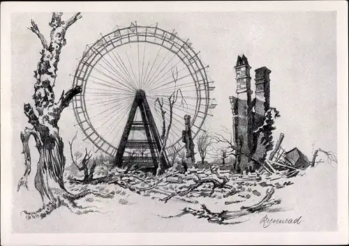 Künstler Ak Griessler, Wien 1 Innere Stadt, Kriegszerstörung 1. WK, Riesenrad