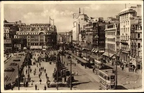 Ak Manchester England, Piccadilly, Straßenbahn