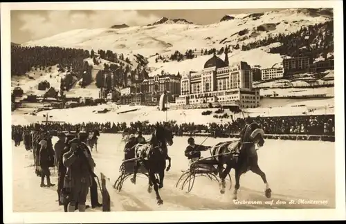 Ak Engadin Kt. Graubünden, Trabrennen auf dem zugefrorenen St. Moritzersee