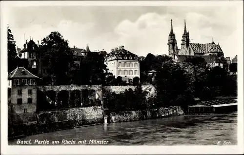 Ak Basel Bâle Stadt Schweiz, Partie am Rhein mit Münster