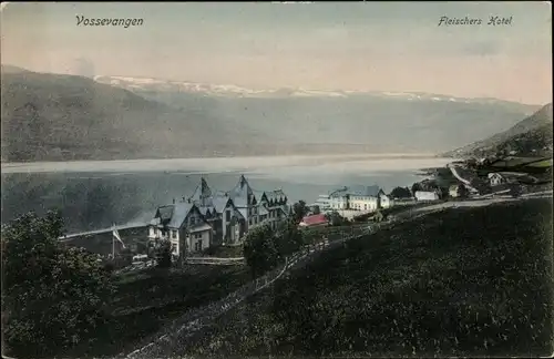 Ak Vossevangen Norwegen, Teilansicht mit Fleischers Hotel