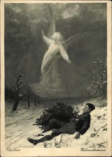 Künstler Ak Forst, Glückwunsch Weihnachten, Weihnachtstraum, Engel, Junge, Tannenbaum