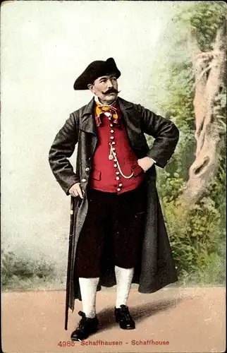 Ak Schweiz, Schaffhausen, Mann in Tracht, Gehstock