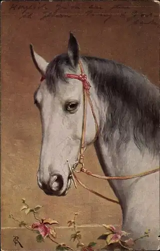 Künstler Ak Tierportrait, Pferd mit Zaumzeug
