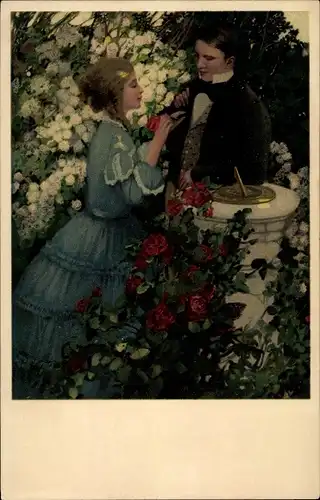 Künstler Ak Liebespaar an einer Sonnenuhr