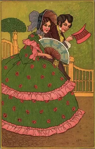 Litho Elegante Dame in grünem Kleid mit rosa Rüschen und Blüten, Mann im Frack, Fächer