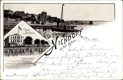 Vorläufer Litho Ostseebad Niendorf Timmendorfer Strand, Hotel Bellevue, Segelboot am Strand