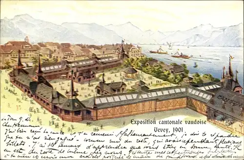 Litho Vevey Kt. Waadt Schweiz, Exposition cantonale vaudoise 1901, Ausstellungsgelände