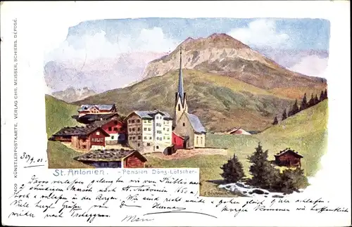 Litho St. Antönien Kanton Graubünden, Ortsansicht, Kirche, Pension Döns Lötscher