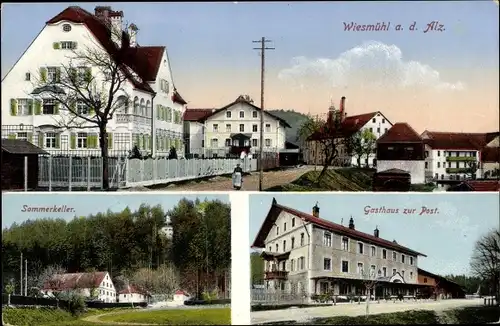 Ak Wiesmühl an der Alz Engelsberg in Oberbayern, Straßenpartie, Gasthaus zur Post, Sommerkeller