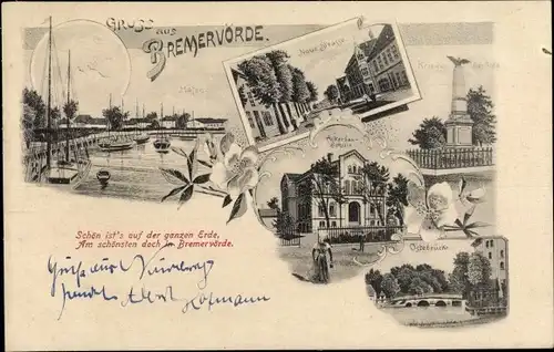 Litho Bremervörde in Niedersachsen, Hafen, Neue Straße, Ackerbauschule, Kriegerdenkmal, Ostebrücke