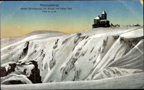 Ak Śnieżne Kotły Schneegrube Riesengebirge Schlesien, Große Schneegrube mit Baude u. hohes Rad