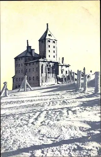 Ak Szklarska Poręba Schreiberhau Schlesien, Schneegrubenbaude im Winter