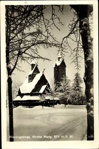 Ak Karpacz Górny Brückenberg Krummhübel Riesengebirge Schlesien, Kirche Wang im Winter