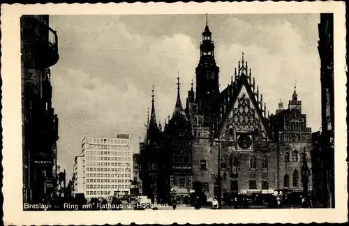 Ak Wrocław Breslau Schlesien, Ring mit Rathaus u. Hochhaus
