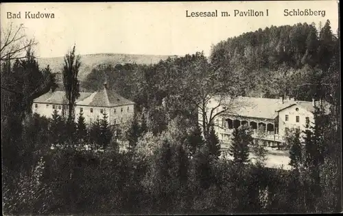 Ak Kudowa Zdrój Bad Kudowa Schlesien, Lesesaal m. Pavillon I, Schloßberg