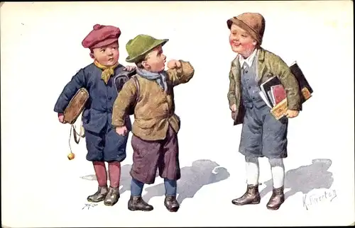 Künstler Ak Feiertag, Karl, Kinder auf dem Weg zur Schule, Schultasche, Lehrbücher