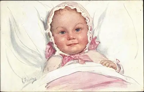 Künstler Ak Feiertag, K., Baby im Bett