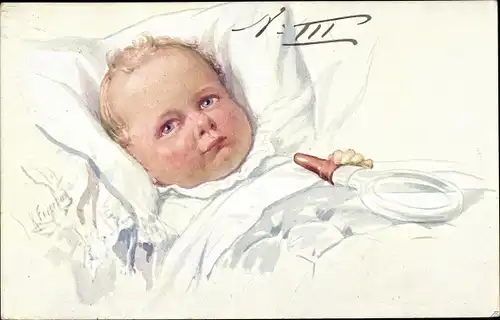Künstler Ak Feiertag, K., Baby im Bett, Nuckelflasche