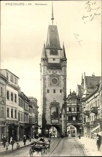 Ak Freiburg im Breisgau, Martinstor, Geschäfte, Kutsche
